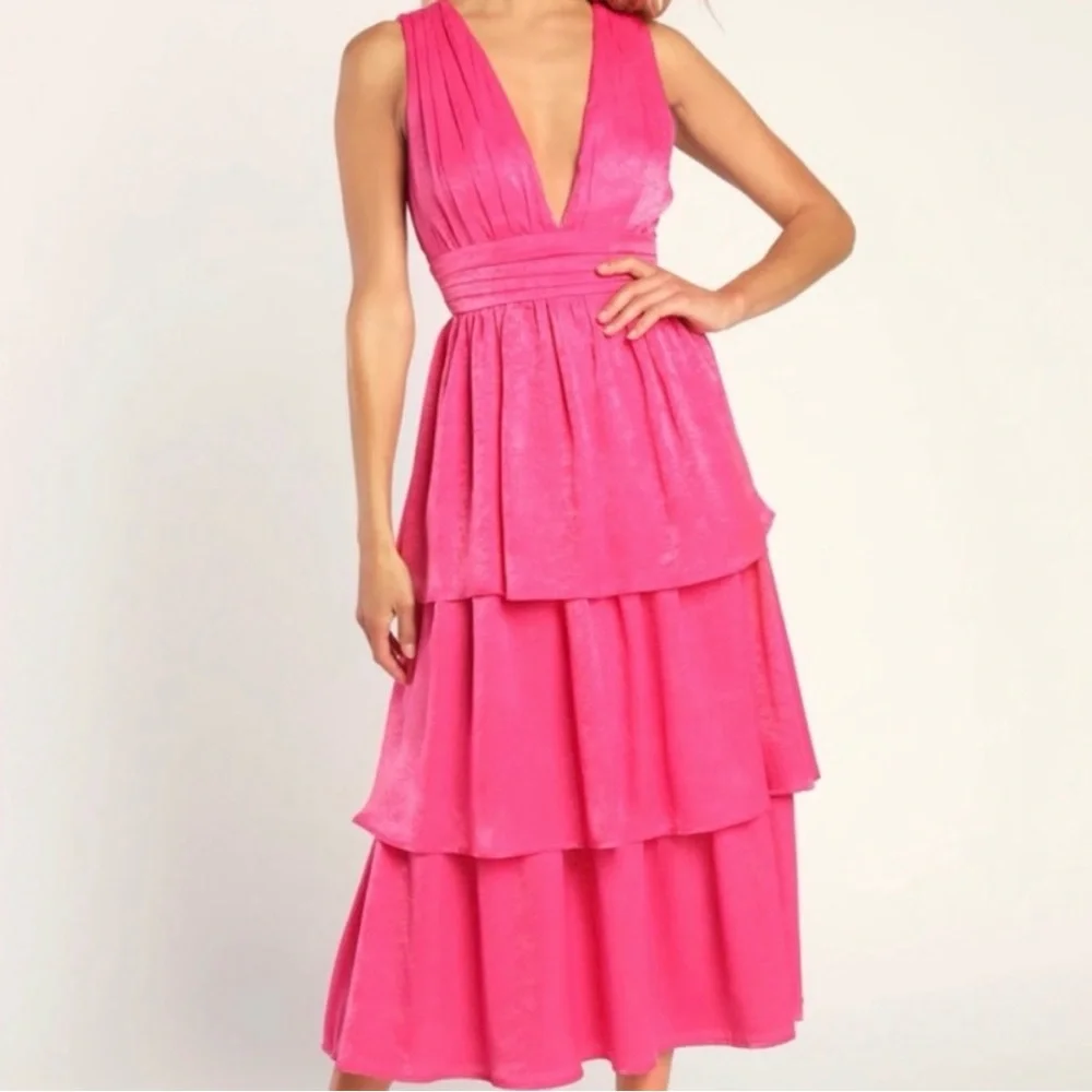 NWT Lulus Peak Party Vibe Hot Pink Satin Tiered Tie-Back Midi Dress - Picture 3 of 8
